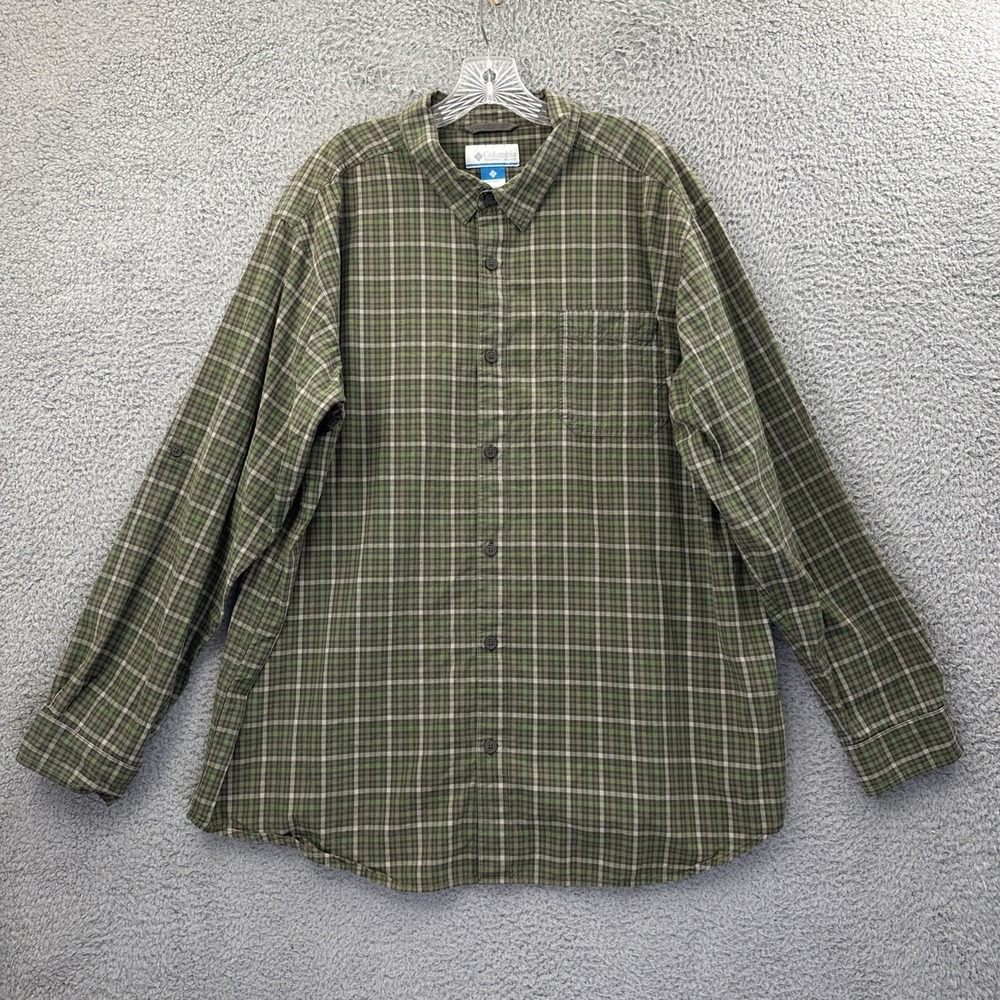 Columbia Button Up Long Sleeve Shirt Green Plaid Preppy 100% Cotton Men XXL‎ 2XL